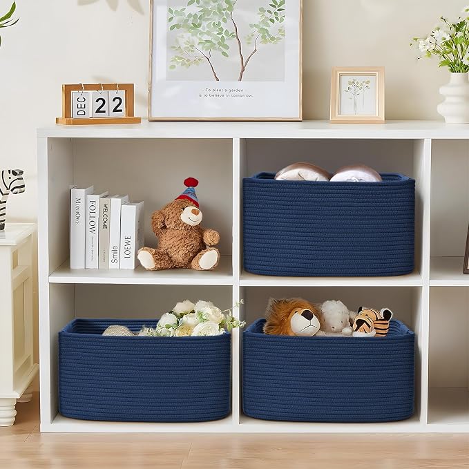 3 Pack Large Storage Basket for Organizing, 17.5"x13"x7" Woven Basket for Shelves, Closet Cube Storage Bins with Wrapped Handle, Cotton Rope Baskets for Kitchen, Clothes, Toys(Navy Blue)