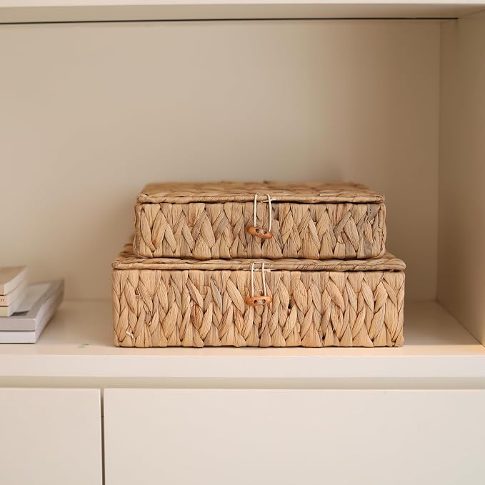 Wicker Storage Basket with Lid, Flat Water Hyacinth Baskets, Shallow Woven Basket for Shlef, Decorative Storage Boxes for Organizing