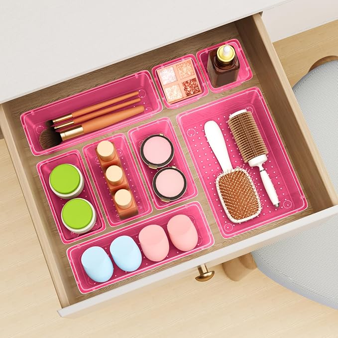 12 PCS Drawer Organizer Set, Makeup Organizers, Tool Storage Trays, Pink | 4 Sizes, Plastic, Stackable, Multiple Gadgets, Desk Drawer Divider Organizers, for Makeup, Office Supplies Storage