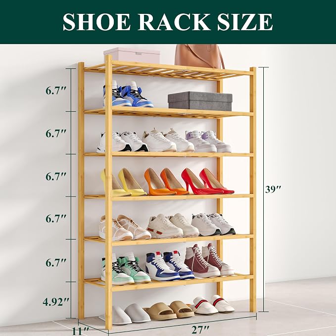 Smiry Bamboo Shoe Rack, 12 Vertical Slats, 6 Tier - 26.8" Wide, Natural | Stackable Free Standing Wooden Shoe Organizer, Wood Shoe Storage Shelf for Closet, Entryway