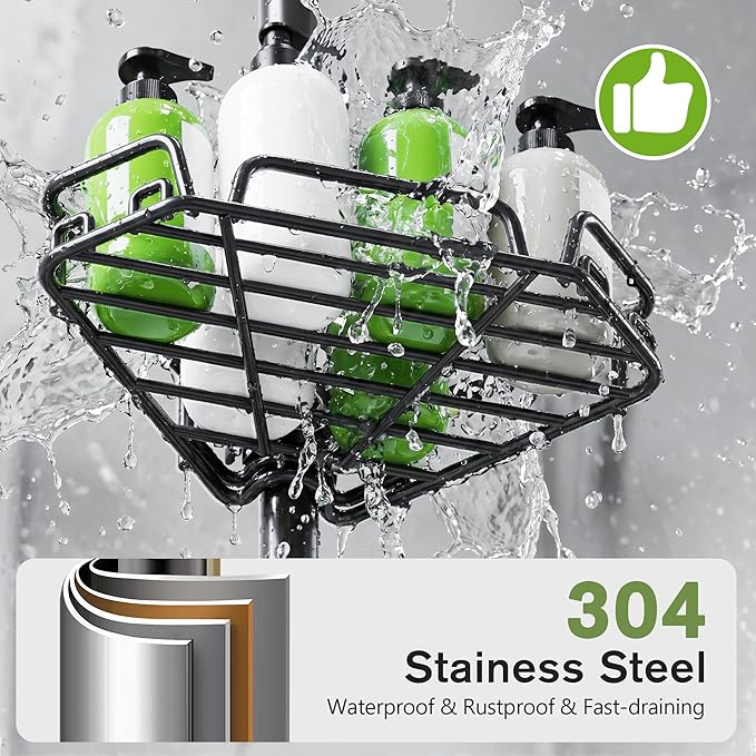 DAOYA Shower Caddy Tension Pole Shower Organizer Tension Rod with Towel Bar | Bathroom Corner Caddy for Bathtub/RV, Adjustable Floor-to-Ceiling 25-114.2", 12 Side Hooks, Black, Rustproof Stainless Steel