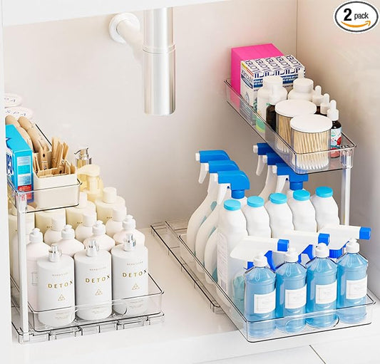 2 Pack 14.6″ Deep Pull Out Under Sink Organizer,12.8″ High 2 Tier Slide Out Cabinet Organizer for Kitchen Cabinet,Undersink Organizers,Under Sink Shelves,Bathroom Organizers and Storage,Clear