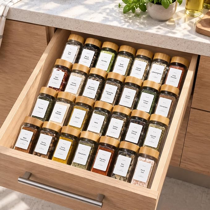 Acrylic Spice Drawer Organizer with 28 Spice Jars and 216 Labels,Non-slip Rubber, 4 Tier Spice Racks Tray Seasoning Containers for Kitchen Drawers,Cabinets,Countertops,13" Wide * 18" Deep