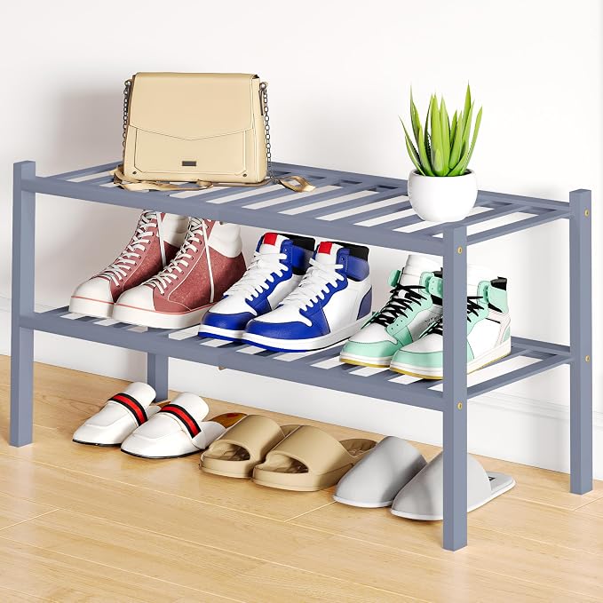 Smiry Bamboo Shoe Rack, 12 Vertical Slats, 2 Tier - 26.8" Wide, Grey | Stackable Free Standing Wooden Shoe Organizer, Wood Shoe Storage Shelf for Closet, Entryway