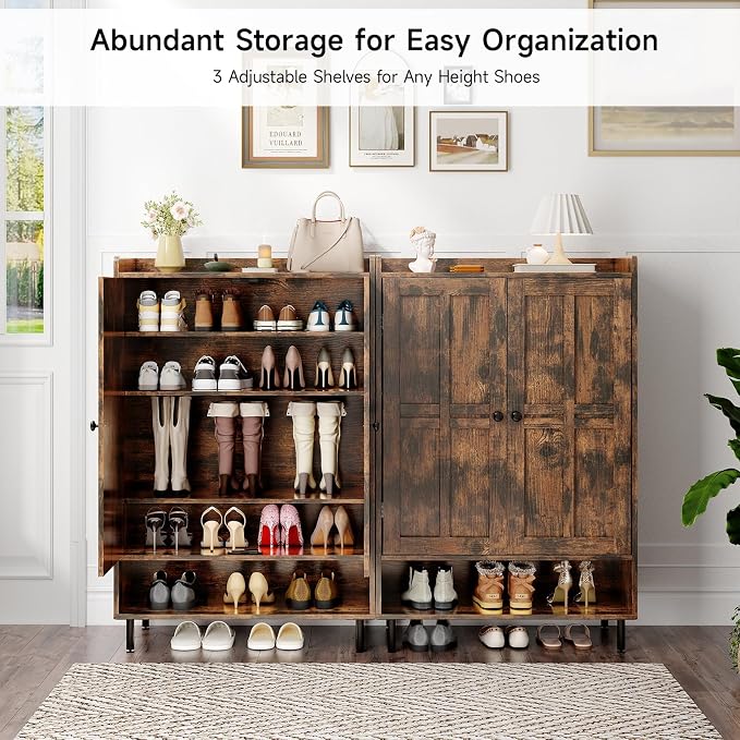 ONBRILL Shoe Storage Cabinet with Cross Molding Doors, 6-Tier Shoe Cabinet with 3 Adjustable Shelves and Metal Legs, 45 Inch Tall Shoes Rack Organizer for Entryway, Front Door, Rustic Brown