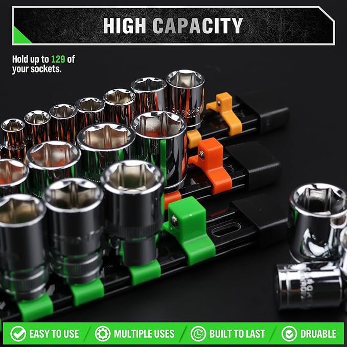 SWANLAKE Organizer Socket Holder, 9PCS 1/4-Inch x 48 Clips, 3/8-Inch x 45 Clips, 1/2-Inch x 36 Clips, Premium Quality Socket Clip Rail Holder
