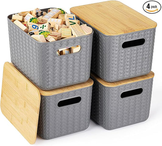 Ohmlove 4 Packs Storage Bins with Bamboo Lids - Plastic Storage Containers with Lids Stackable Storage Box：Storage Baskets for Organizing Desktop Closet Playroom Classroom Office,Gray