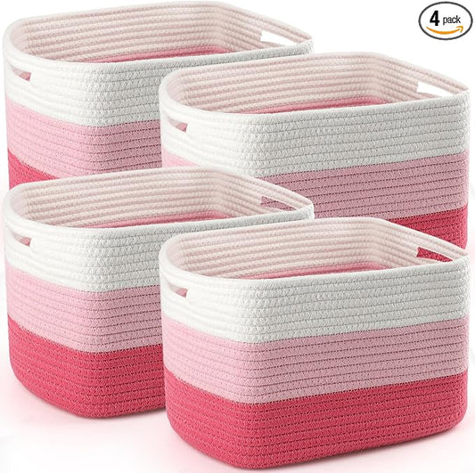 4 Pack Storage Baskets for Organizing, 11''Lx9''Wx8''H Woven Baskets for Storage Toys, Towels, Books, and Clothes, Cotton Rope Basket for Shelves with Handle