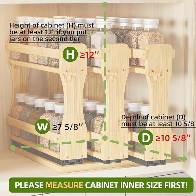 BAMEOS Pull Out Spice Rack Organizer for Cabinet, Bamboo Wide 7.7" Slide Out Seasoning Organizer for Kitchen, No Drill Anti-Tip Ball Bearing Silent Glides, Pantry Cabinet Organizer, Natural