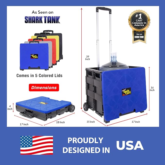 dbest products Quik Cart Collapsible Rolling Crate on Wheels for Teachers Tote Basket, 80 lbs Capacity, Blue Lid Made from Heavy Duty Plastic and used as a Seat | with Wheels, Roll Up to 80 lbs Capacity, Heavy Duty Plastic Construction, Telescoping Han...
