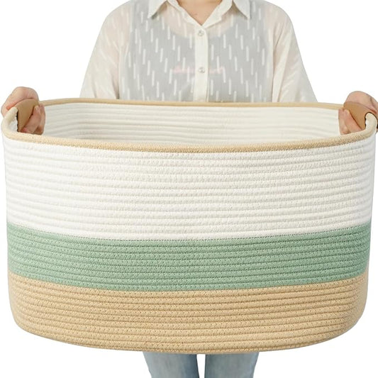 danpinera Large Woven Basket, 108L Rectangular Woven Storage Basket with Leather Handles, Stylish Organizer Bin for Home, Office, Laundry, Toys, or Blankets, 25’’*16’’*16’’ White & Green & Jute