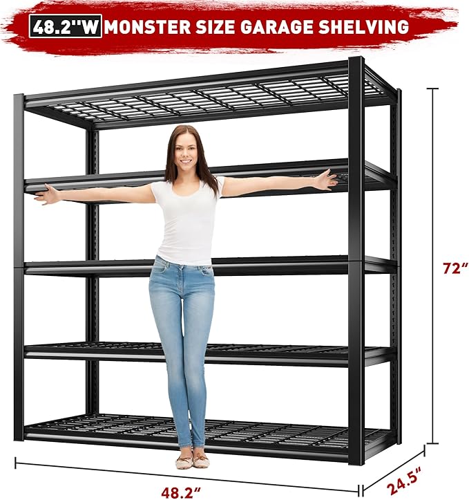 REIBII 48.2" W Storage Shelves for Garage, Adjustable Garage Shelving | 48.2" W x 24.5" D x 72" H, 5 Tier Metal Shelving, 3010LBS Load Capacity, Rust-Resistant Coating, 10-Minute Assembly