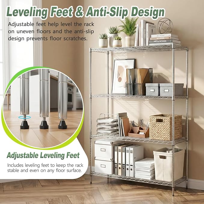 BestOffice 4-Tier Wire Shelving Unit, 1000 LBS Heavy Duty Metal Storage Shelves, Adjustable Wire Shelf for Garage, Kitchen, Pantry, Utility Shelving Rack with Leveling Feet, Chrome