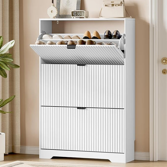 Xixini Shoe Storage Cabinet for Entryway with 3 Flip Drawers, Hidden Slim Wood Shoe Organizer with Modern Fluted Panel, Freestanding Narrow Shoe Rack for Front Door Entrance, Hallway, Foyer, White