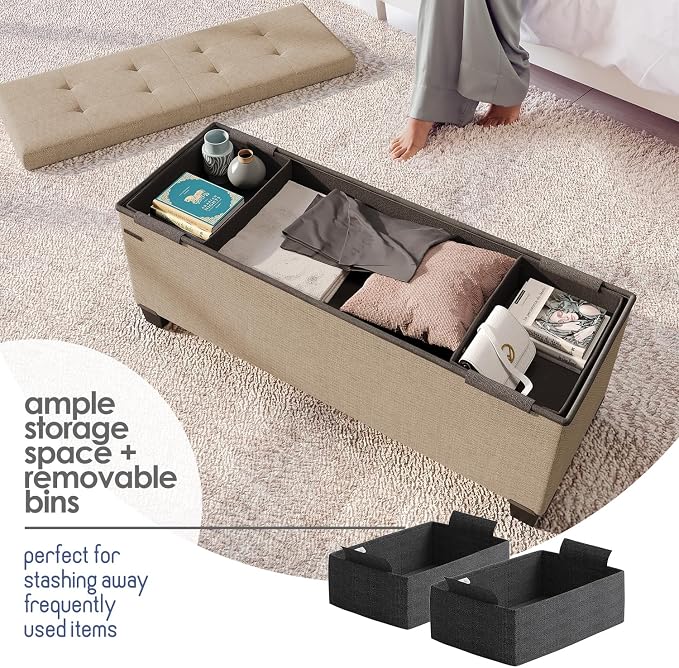 Storage Ottoman Bench with Bins, 43-in Storage Bench for Bedroom End of Bed, Folding Foot Rest Ottoman for Living Room Max 660lbs, Fabric Ottomans, Taupe
