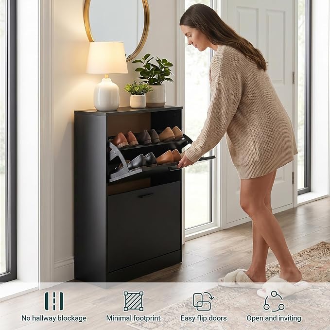Shoe Cabinet with 2 Flip Drawers, Narrow Freestanding Shoe Organizer for Entryway, Hallway, Living Room, Black