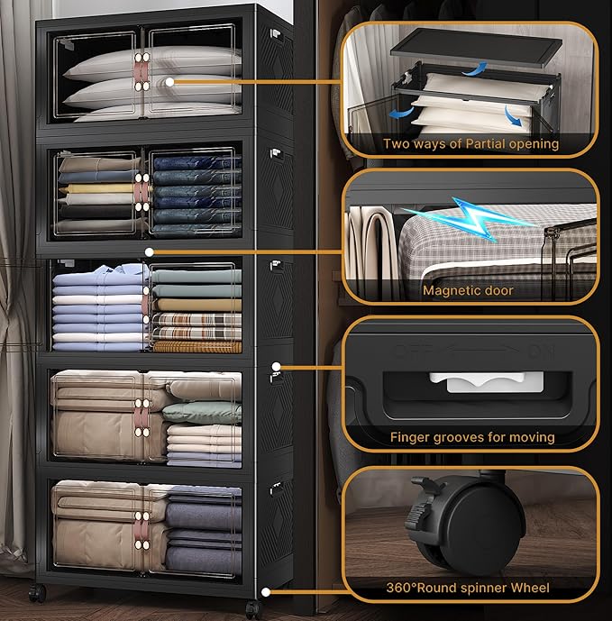 Stackable Storage Bins with Lids, 600QT Closet Organizers and Storage Cabinet with Doors & Wheels, Lockable Plastic Foldable Drawers for Bedroom Dorm Office Garage（120QT*5,Black）