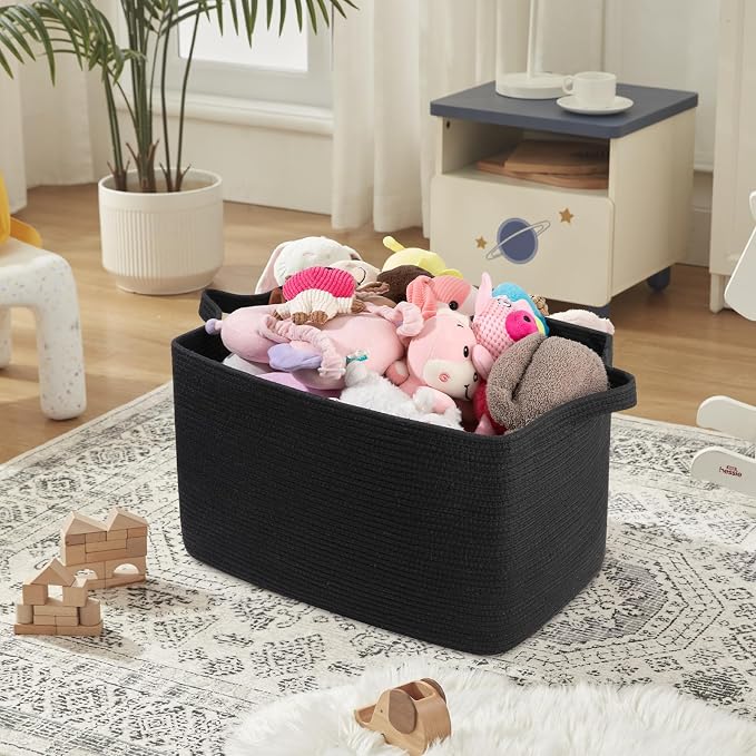 OIASKET 95L Large Blanket Basket, Black Blanket Storage Living Room, Rectangle Woven Baskets for Storage Toys, Towels, Dirty Clothes Organizer Bins (Black)