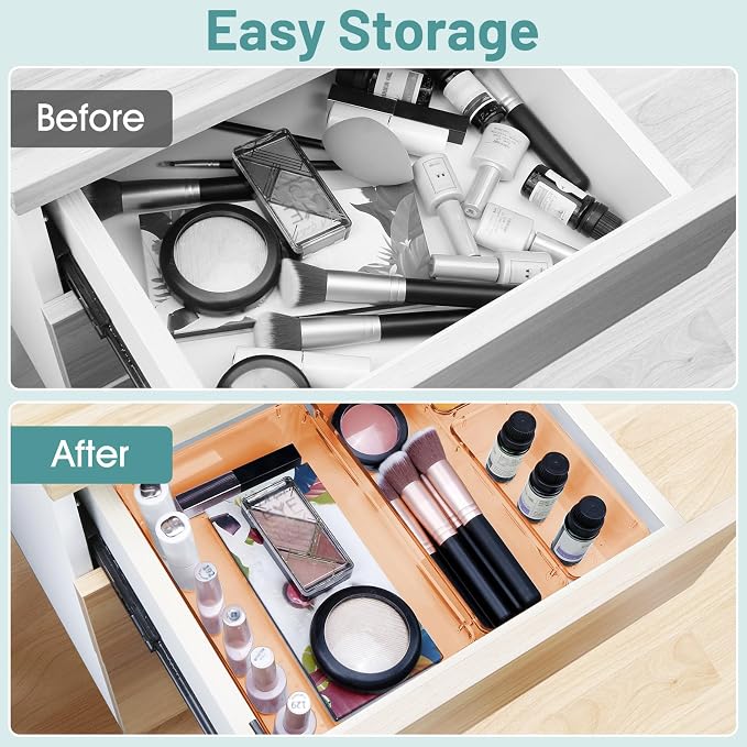 WOWBOX 25 PCS Plastic Drawer Organizer Set, 4 Sizes Desk Drawer Divider Organizers and Storage Bins for Makeup, Jewelry, Gadgets for Kitchen, Bedroom, Bathroom, Office, Clear Orange