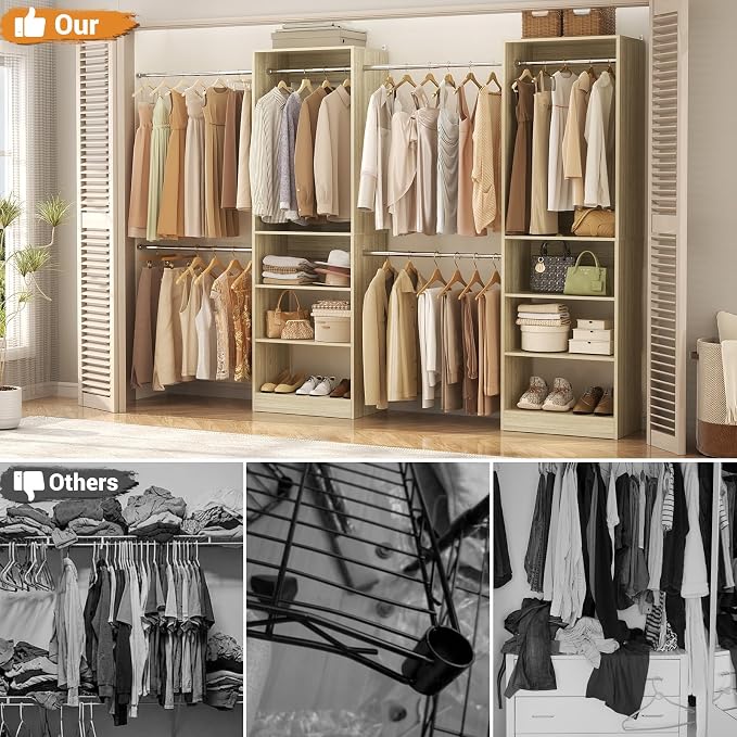 Closet System, 4.5-11.5 Ft Expandable Closet Organizer, Light Oak | 5 Hanging Rods, Walk-in Wood Closet Organizer System with Storage Tower, Heavy Duty Garment Rack Wardrobe for Bedroom