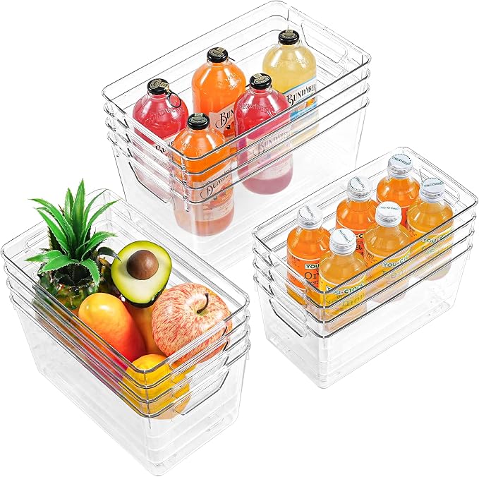 Freebat 12 Pack Pantry Organization and Storage,Clear Plastic Storage Bins | 4Small 4Middle 4Large,Cabinet Organizer, Clear Plastic Storage Containers with Handle,Acrylic Storage Bins for Cabinet,Fridge