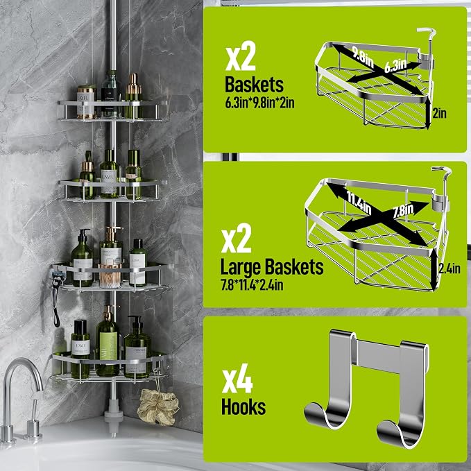 LAMU Stainless Steel Corner Shower Caddy Tension Pole,4-Tier Storage,Silver | Fits 37.8-124 in Heights, No Drilling, Strong Spring, 3 Adhesive Pads, 4 Hooks for Corner Shower Shelves, Bathroom & Bathtub