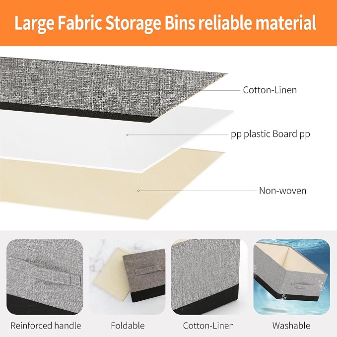 linen closet organizers and storage, 3 Pack Large Storage Baskets, Washable, Clothing Storage Bins with Handle, Closet Organizer for Storage Sweater,Sheets (gray black, 16" x9½x6¾)