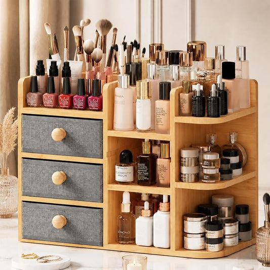 Large Makeup Organizer For Vanity, Large Capacity 3 Tiers Bamboo Bathroom Counter Organizers and Storage, Countertop Makeup Brush Holder, Nail Polish Perfume Stand with 3 Drawers and 10 Compartments