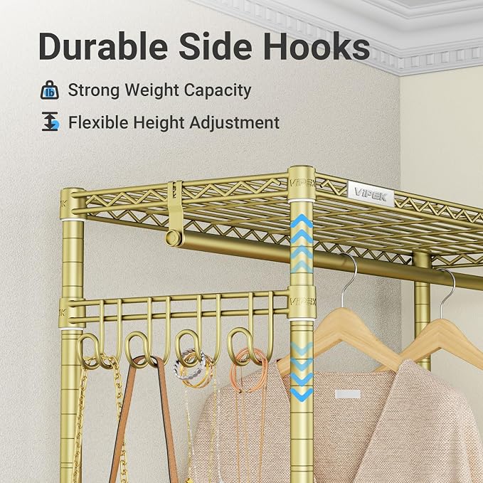 VIPEK R3 Portable Closet for Hanging Clothes Rolling Clothes Rack | Lockable Silent Wheels, Adjustable Wire Shelving, Metal Side Hooks, Load 374lbs, Space-Saving Storage for Apartment, Gold