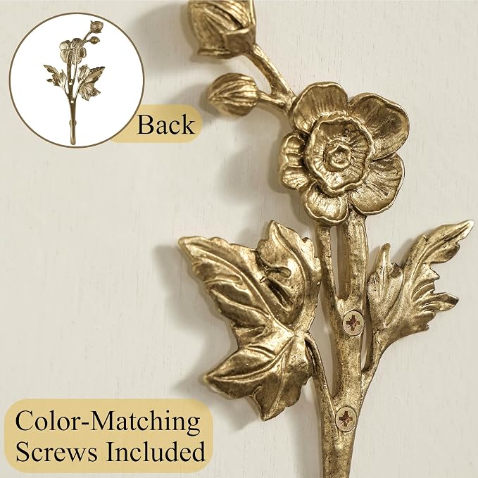 SOFFEE DESIGN 2pcs Metal Gold Coat Hooks with 3D Flowers & Buds Shape, for Entryway, Bathroom, Bedroom Home Decoration