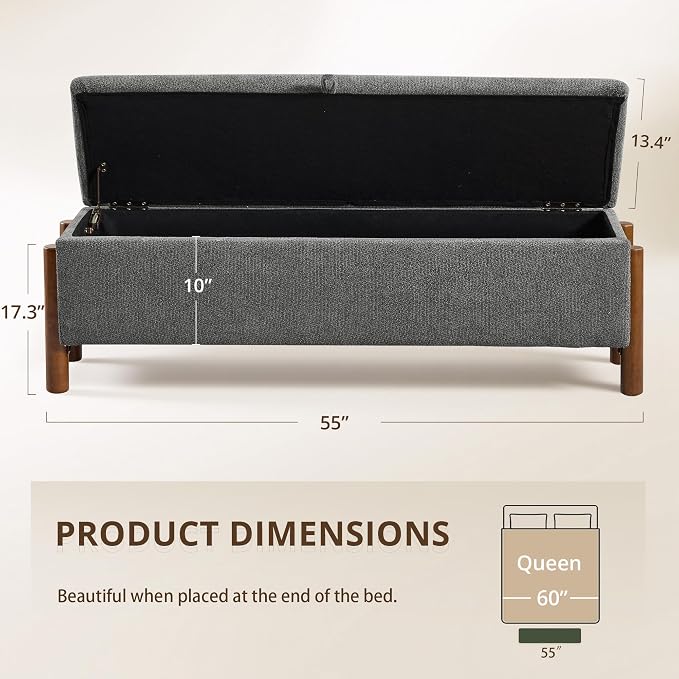 55'' Modern Storage Ottoman Benches | Walnut Wood Legs Ottoman 26 Gallons Storage Space Fabric Upholstered Seating End of Bed for Bedroom Livingroom Darkgrey