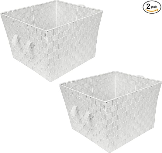 Simplify Large Woven Strap Tote | Decorative Storage Basket | 2 Handles | Organization | Closet | Bedroom | Bathroom | Nursery | Accessories | Toys | Gifts | 2 Pack | White