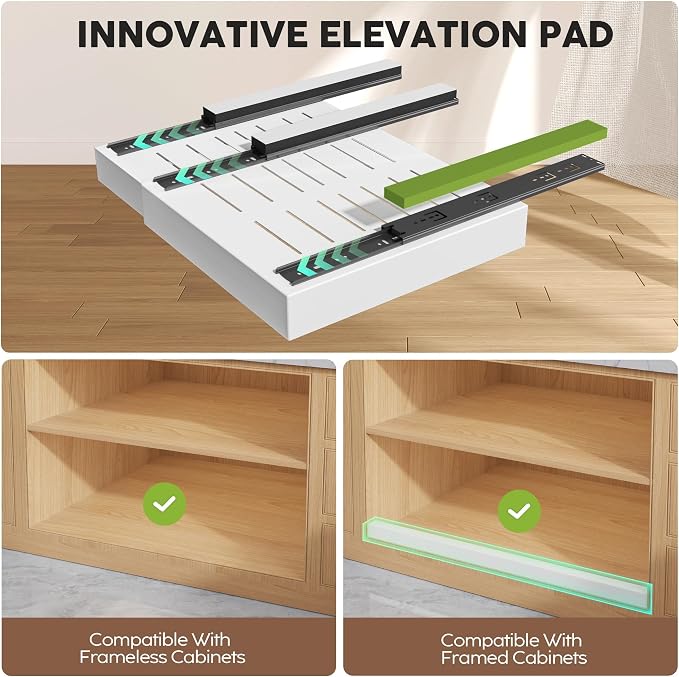Seinloes 2 Pack Pull Out Cabinet Organizers 21"Deep with Raising Pad for Framed Cabinets,Expandable Slide Out Drawers Upgrade 3 Slide Rails,Roll Out Shelves Adhesive,Adjustable Width 12"-20.45" White