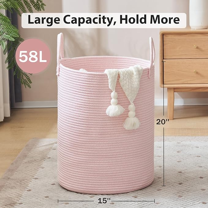 YOUDENOVA Cotton Rope Laundry Hamper Basket, 58L Blanket Basket for Nursery | Large Woven Laundry Hamper with Sturdy Handles, Collapsible Home Decor Laundry Basket for Laundry, Clothes, Toys in Bedroom