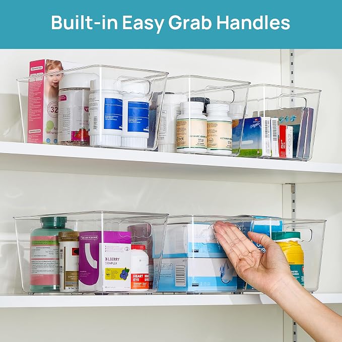 Vtopmart 6 Pack Clear Storage Bins, Pantry Cabinet Organizer Bins with Handle for Pantry Organizer and Storage, Plastic Bins for Fridge, Cabinet, Kitchen, Countertops, Cupboard, Freezer, Medium
