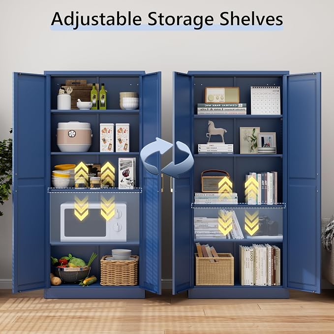 71" Tall Blue Metal Storage Cabinet with Doors, Heavy Duty | Freestanding Steel Kitchen Pantry Cabinet, 4 Adjustable Shelves (180 Lbs Load), Tall Cabinets for Home, Office and Garage
