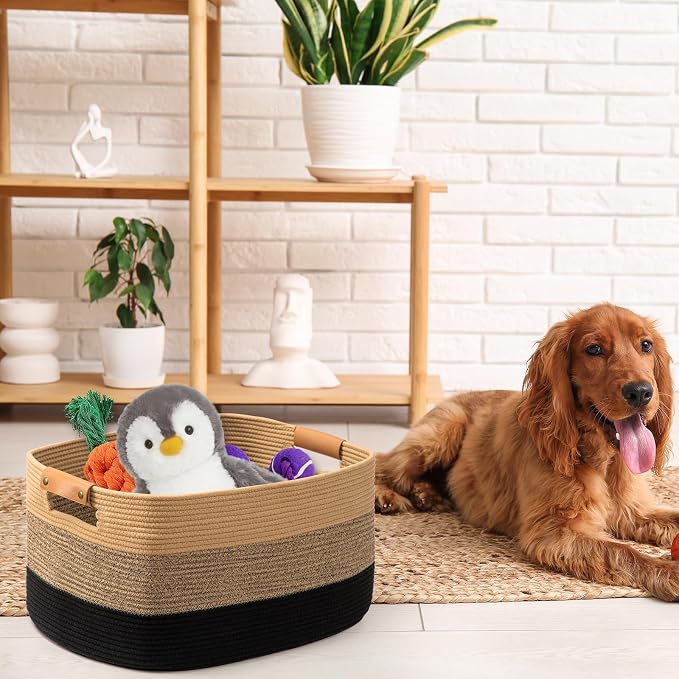 danpinera Large Blanket Basket for Living Room,72 L Rectangle Toy Storage Basket for Nursery Room, Woven Rope Storage Box with Leather Handle, 22’’*17’’*11.8’’, Gradient Linen