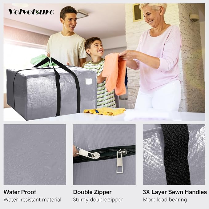 VELVETSURE Heavy Duty Extra Large Moving Bags W/Backpack Straps - Strong Handles & Zippers, Storage Totes For Space Saving, Fold Flat, Alternative to Moving Box and Storage Bin (Set of 6, Silver)