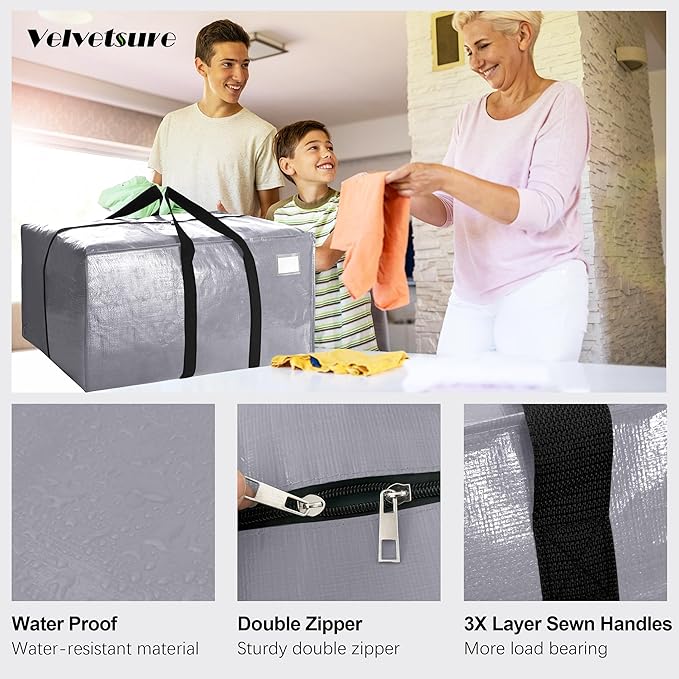 VELVETSURE 12 Pack Heavy Duty Extra Large Moving Bags W/Backpack Straps - Strong Handles & Zippers, Storage Totes For Space Saving, Fold Flat, Alternative to Moving Box and Storage Bin, Silver