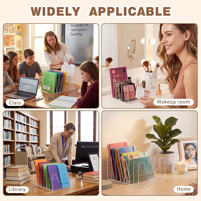 Wenqik 7 Section Clear Acrylic Desktop File Organizer Vertical File Sorter 4mm Thick, Large Capacity Upright Magazine Organizer, Book Paper, Notebooks, Envelopes, Mail Holder