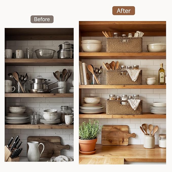 StorageWorks Large Wicker Baskets for Storage, Woven Baskets for Storage | Seagrass, Pantry Shelves, Kitchen Closet, Laundry, Bathroom, Table, Decorative, Book, Towel, Blanket, Toy, Medium, Handle