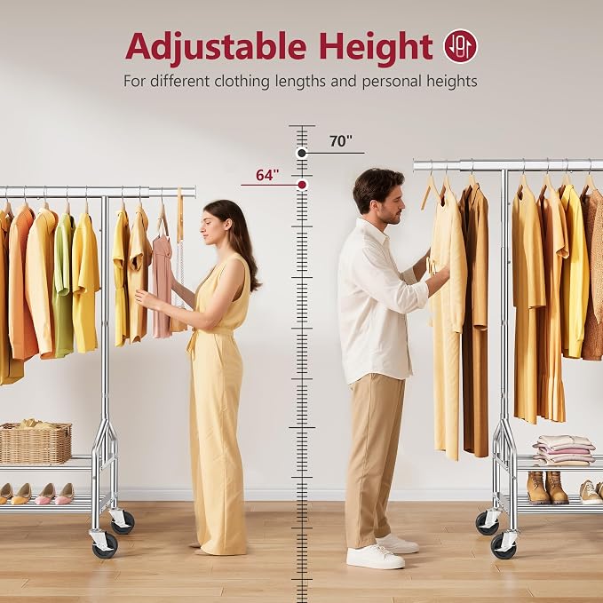 Clothes Rack with 2 Shelves, Heavy Duty Load 350 LBS, Chrome | Rolling Clothing Rack, Adjustable Length and Height, Garment Rack with Wheels for Bedroom, Student Dormitory and Laundry Room