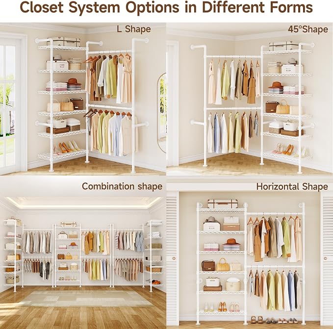 H2 Wall Mounted Clothing Rack, Expandable Industrial Pipe Clothes Rack Garment Racks for Hanging Clothes, Heavy Duty Closet Organizers and Storage in Closet System, White
