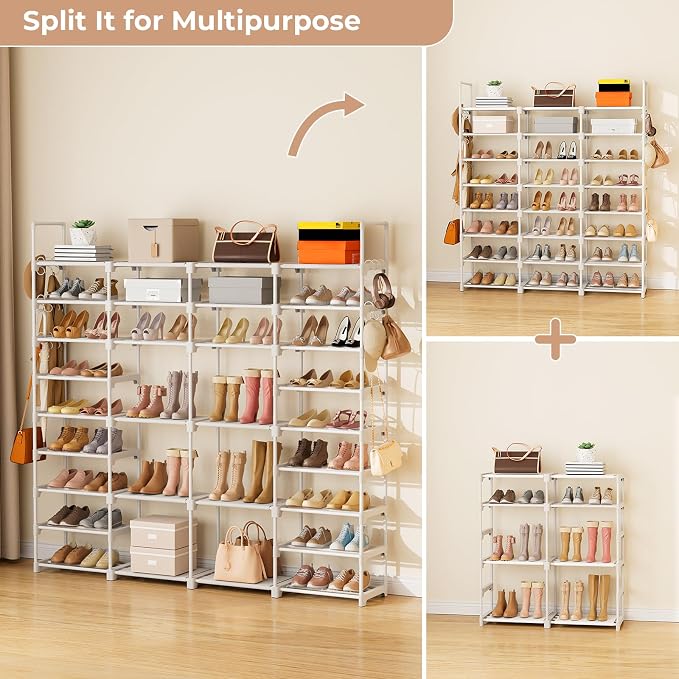 ROJASOP Large Shoe Rack Organizer for Entryway Closet 64-68 Pairs 9-Tier Heavy Duty Tall Garage Shoe Rack Shoe Shelf Shoes Storage with 18 Pcs Removable Side Hooks for Bedroom and Garage White