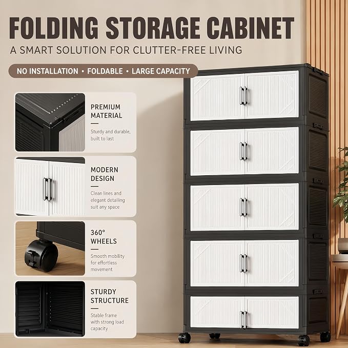 3 Tier Foldable Storage Cabinet with Wheels and Magnetic Doors | Premium PP Material Large Storage Organizer, Space-Saving Utility Storage for Home, Apartments, Dorm, Office, Rv