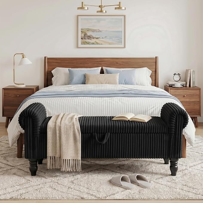 55" Corduroy Storage Bench, End of Bed Bench with Storage, Upholstered Bedroom Bench with Rolled Arm, Ottoman Bench for End of Bedroom, Living Room, Entryway (Black)