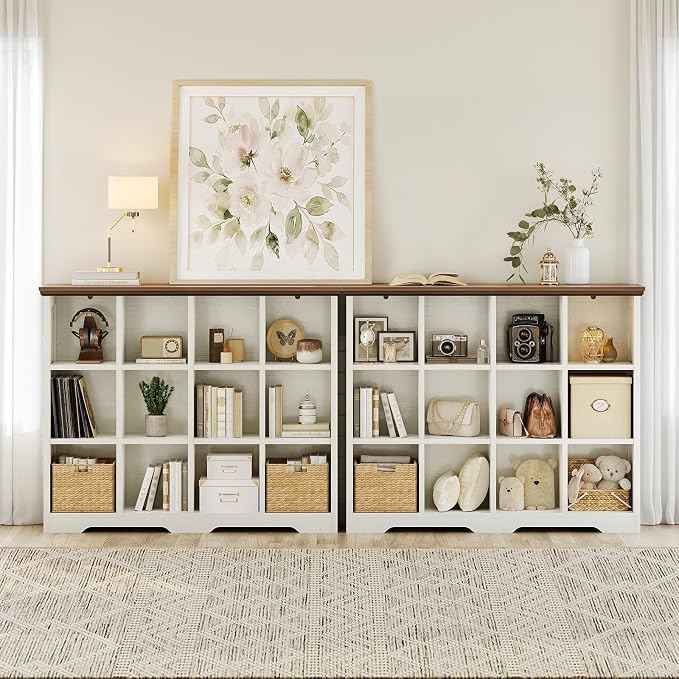 OffiGo 8 Cube Organizer Bookcase, Cube Shelf with Storage, Walnut + White | Modern Farmhouse Design, Open Cube Storage for Books & Decor, Display Shelf, Living Room, Bedroom, Home Office, Entryway
