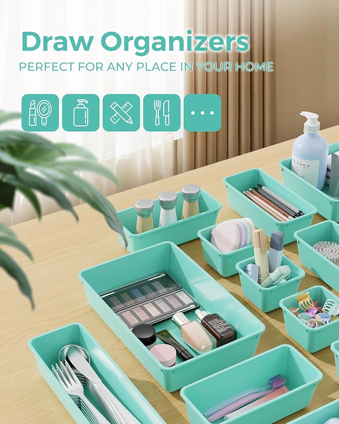 BiuLeon 25 PCS Plastic Drawer Organizers Set, 4-Sizes Vanity and Makeup Organizer, Desk and bathroom Drawer Organizer Trays, Organizers and Storage for Makeup, Jewelry, Gadgets, Utensils (Blue)