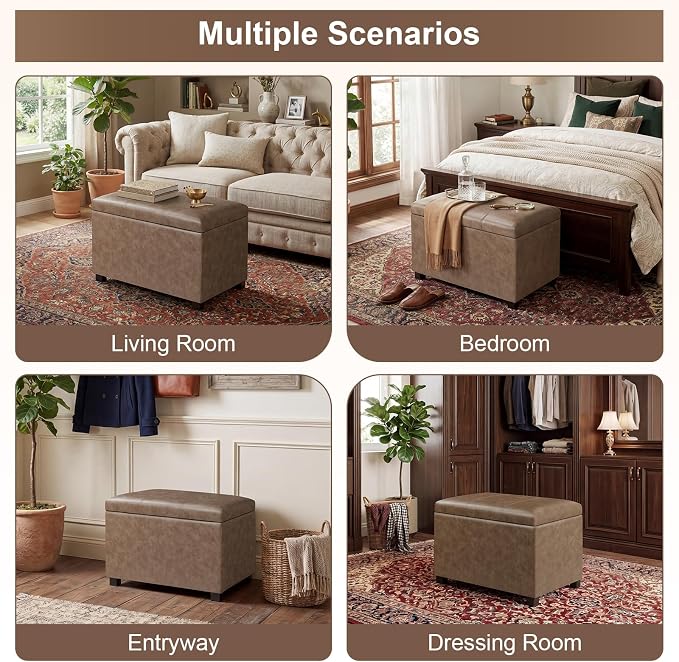 24" Leather Storage Ottoman Bench, Rectangle Foot Rest Stool for Living Room, Bedroom, Entryway, Earthy Light Brown Veining