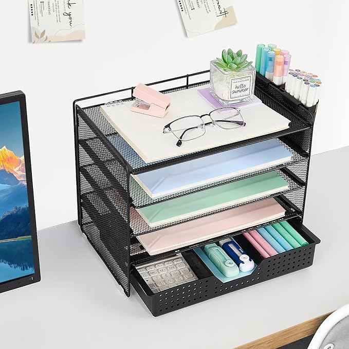 LEKETREE Desk Organizer and Accessories, 5-Tier Paper Letter Tray Organizer with Drawer & 2 Pen Holders for Desktop File Organization, Office Desk Accessories for Supplies Storage (Black)